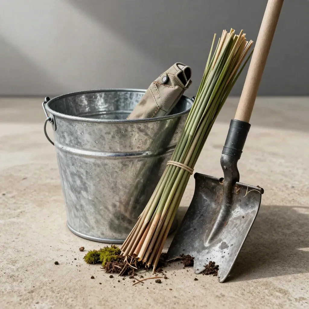 Galvanized bucket rim, saw sheath, reed stems, and mulch fork head on concrete