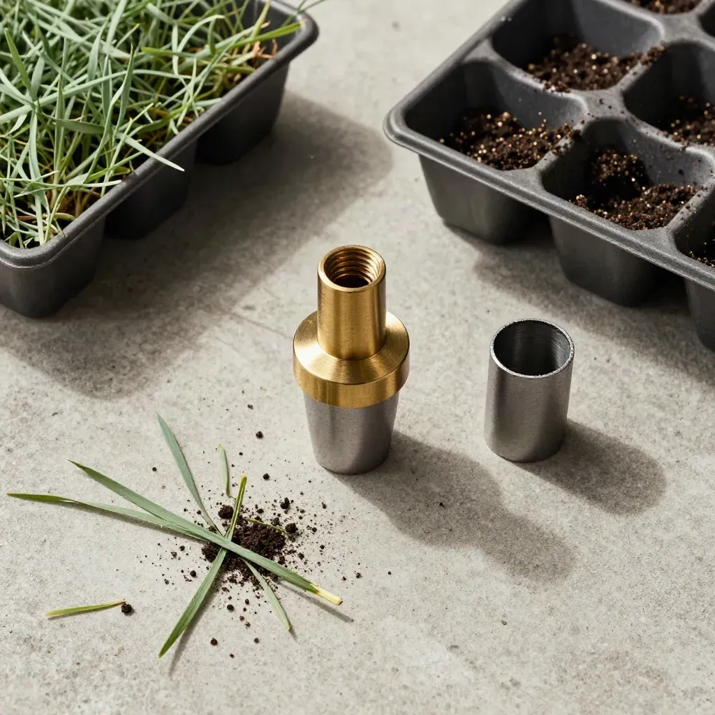 Top-down turf tools, lifted plug, brass nozzle, seed tray and bentgrass on pale concrete.