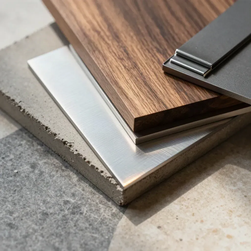Macro still life of concrete, walnut, aluminum and graphite material samples on stone