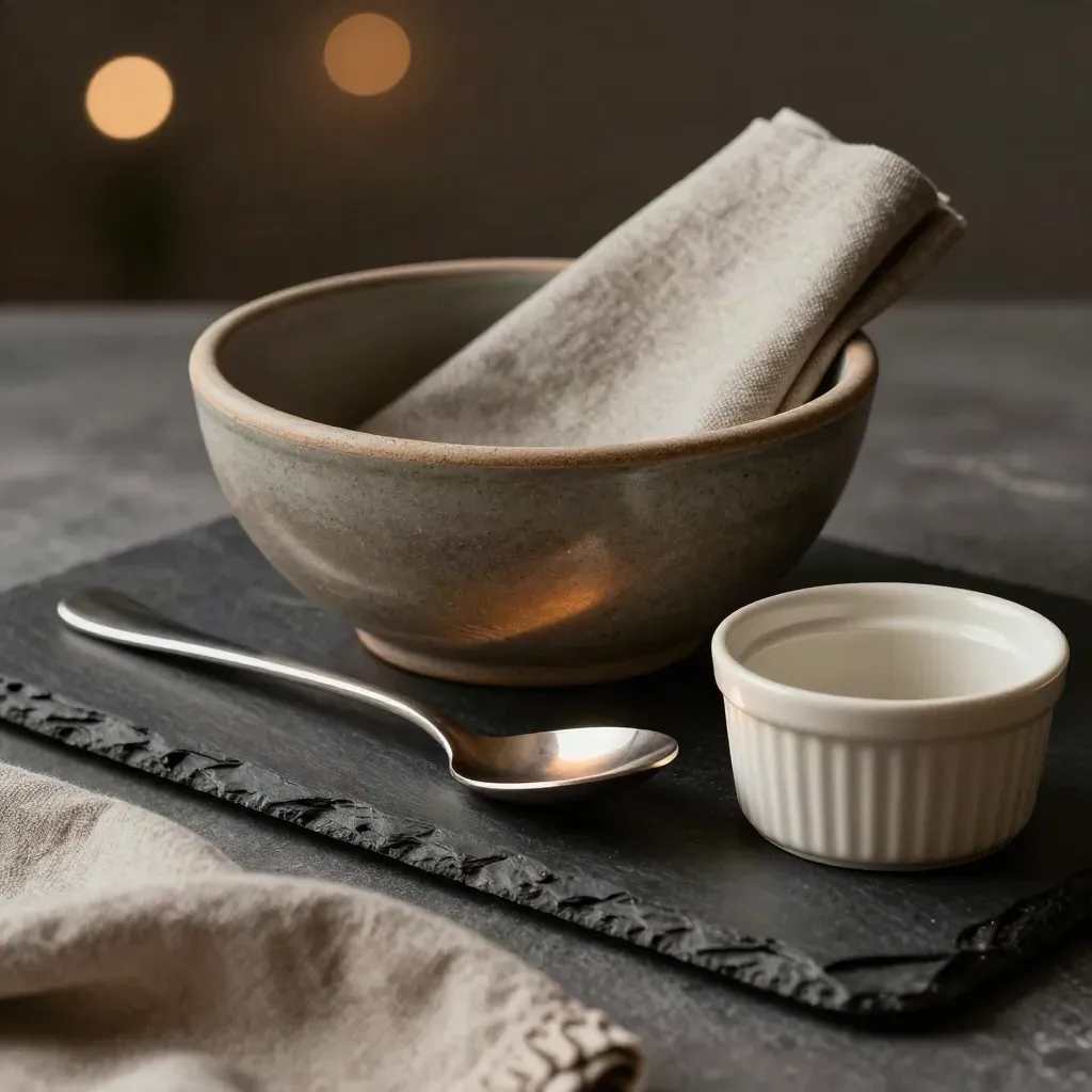 Stoneware bowl, linen napkin, spoon, and ramekin on dark slate with warm studio light.