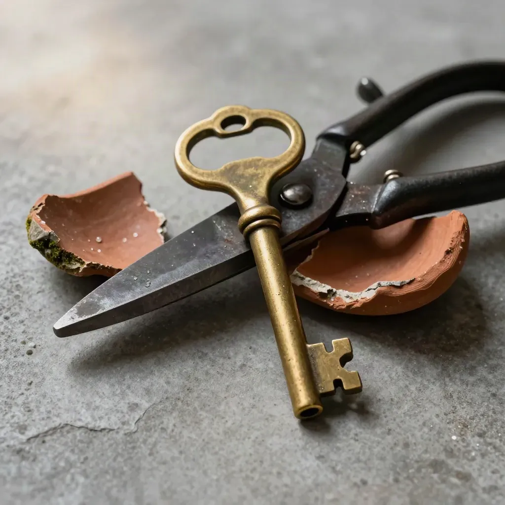 Brass estate key, hedge shears, clay shard, and mossy stone on concrete