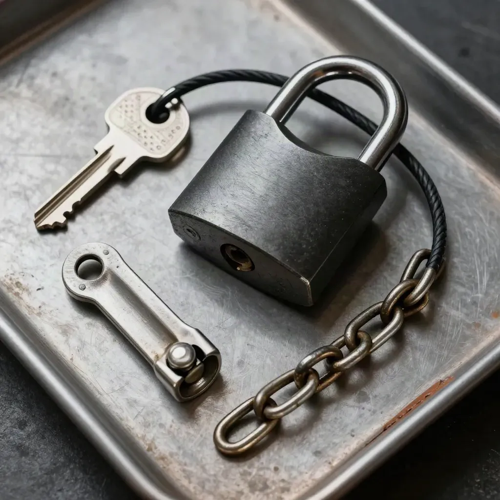 Overhead of lock, cable loop, door closer arm and chain on brushed metal in dramatic light.