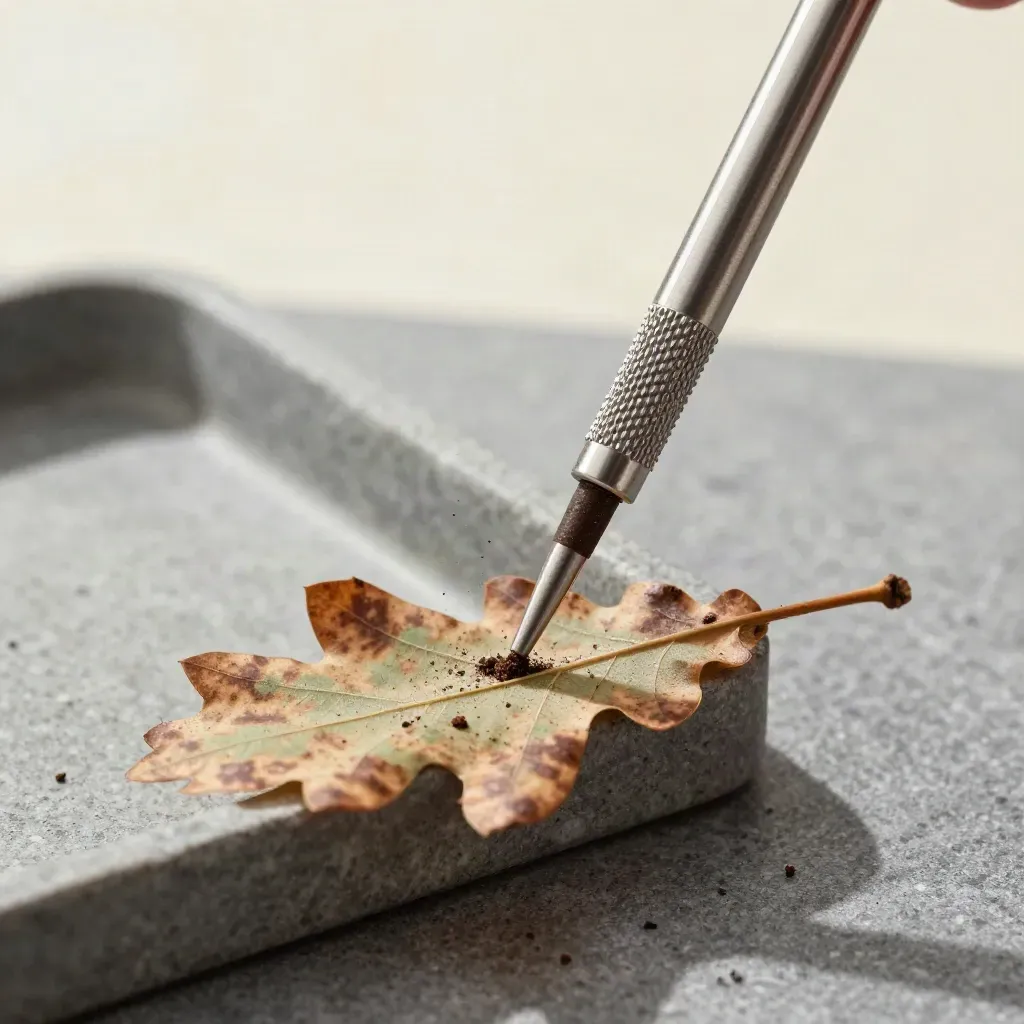 Macro of a stainless soil probe touching a specimen tray beside an oak twig with spotted leaf.