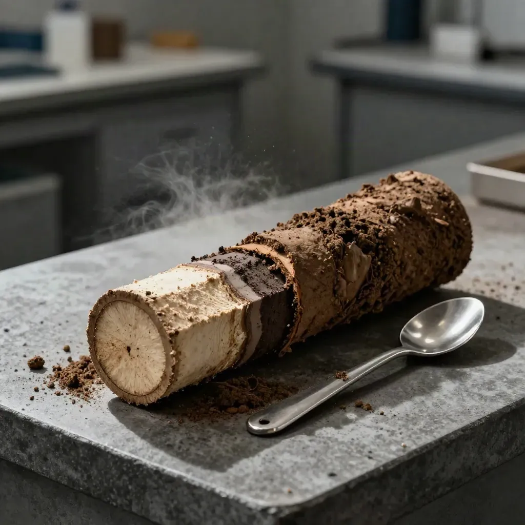Split soil core tube with layered sand, loam, and peat beside a sampling spoon.