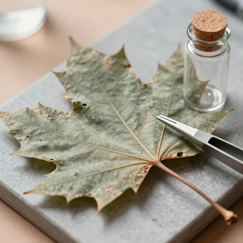 Damaged maple leaf with specimen vial and tweezers for pest identification.