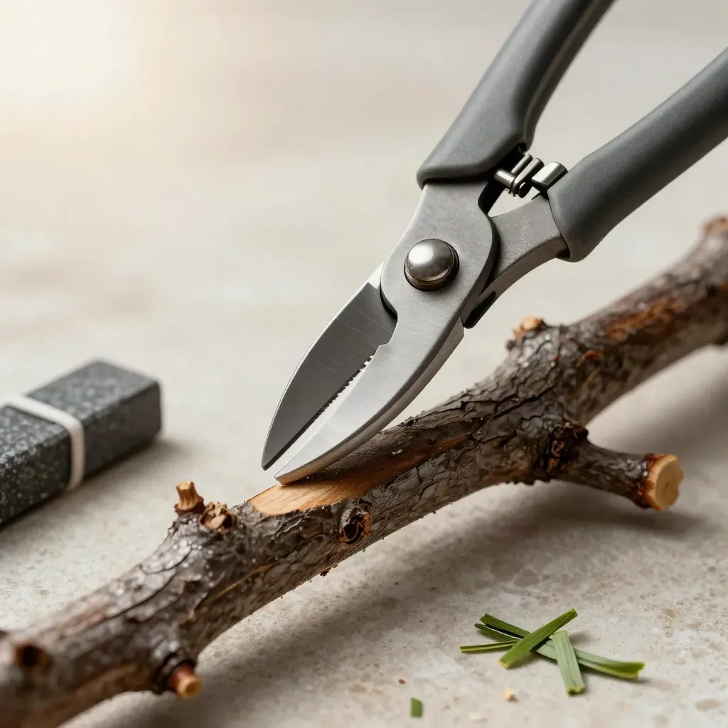 Macro of bypass pruners, twig ties, clippings and a sharpening stone on pale stone