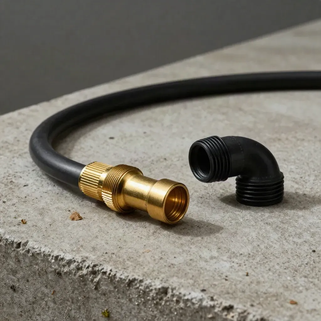 Brass drip emitter, black tubing elbow, and soil moisture stake on brushed concrete.