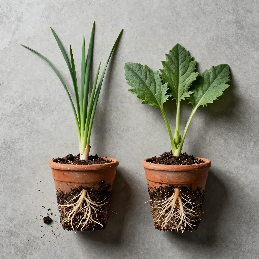 Top-down nursery plugs in stoneware cells with roots, damp soil, and mossy green leaves.