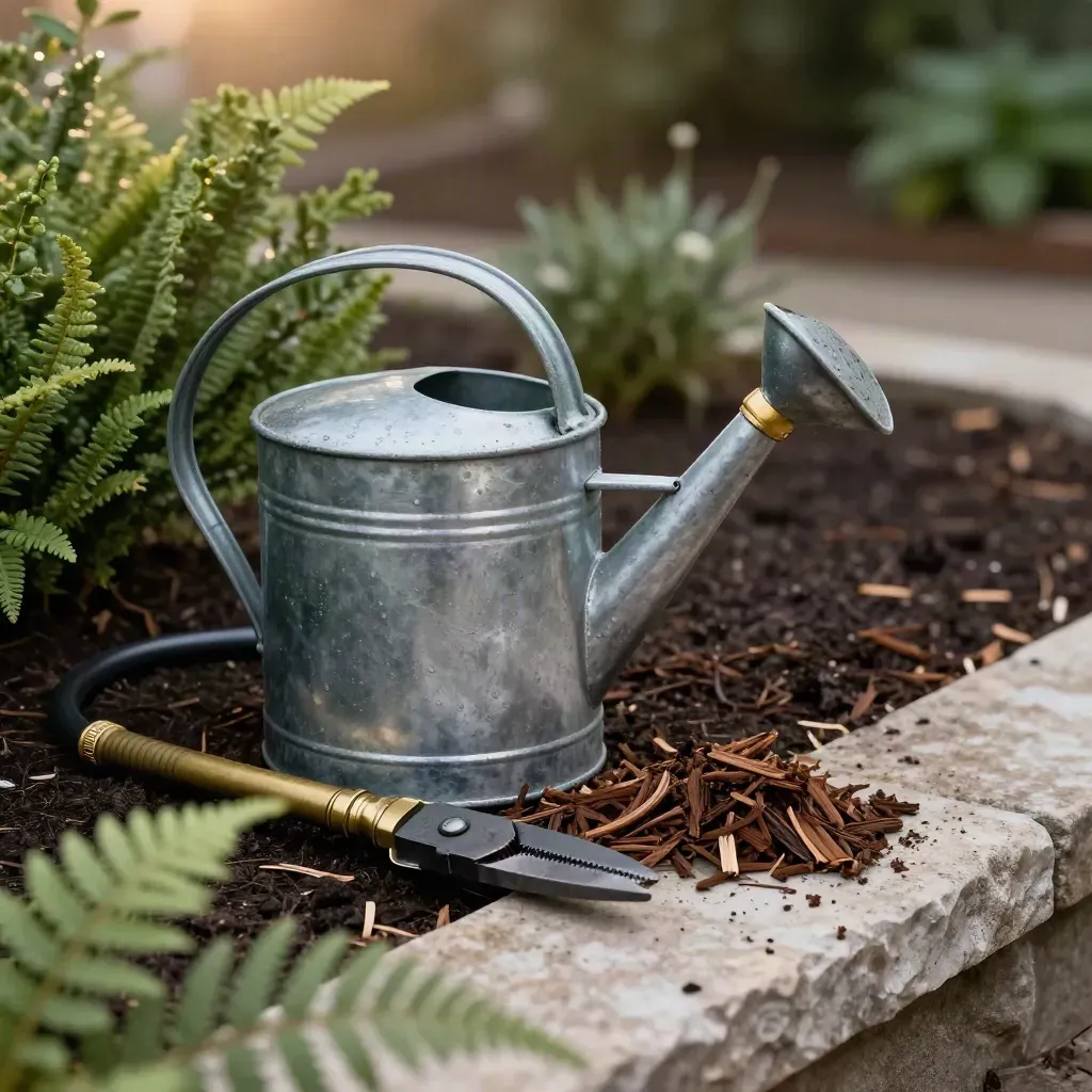 Watering can, hose nozzle, pruners, and cedar mulch beside a shrub bed through a fern frond.