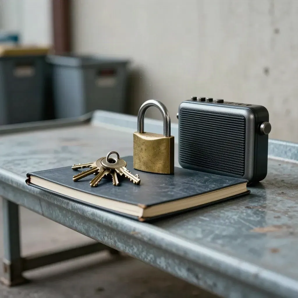 Keys, padlock, notebook and radio on a maintenance bench in soft daylight.
