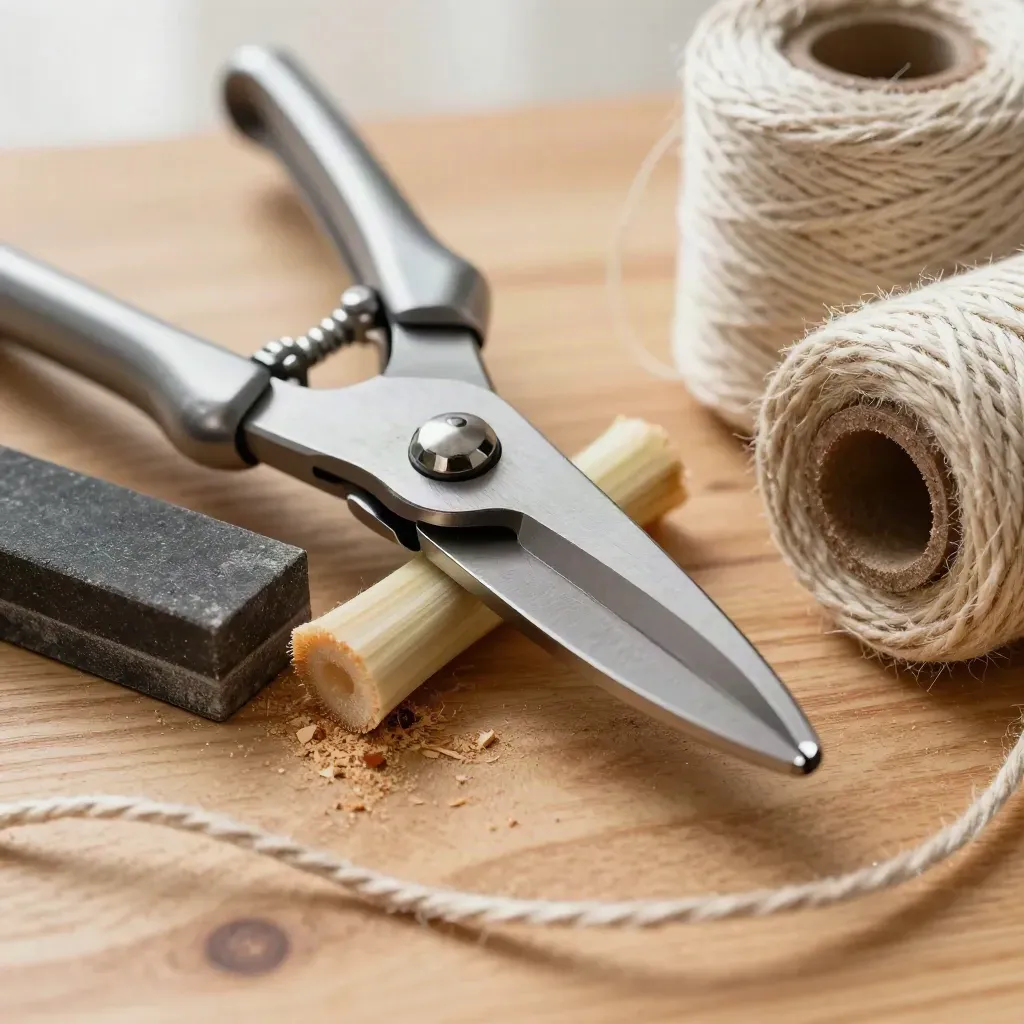 Macro still life of landscaper loppers, hedge shears, sharpening stone and twine on honey-oak wood.