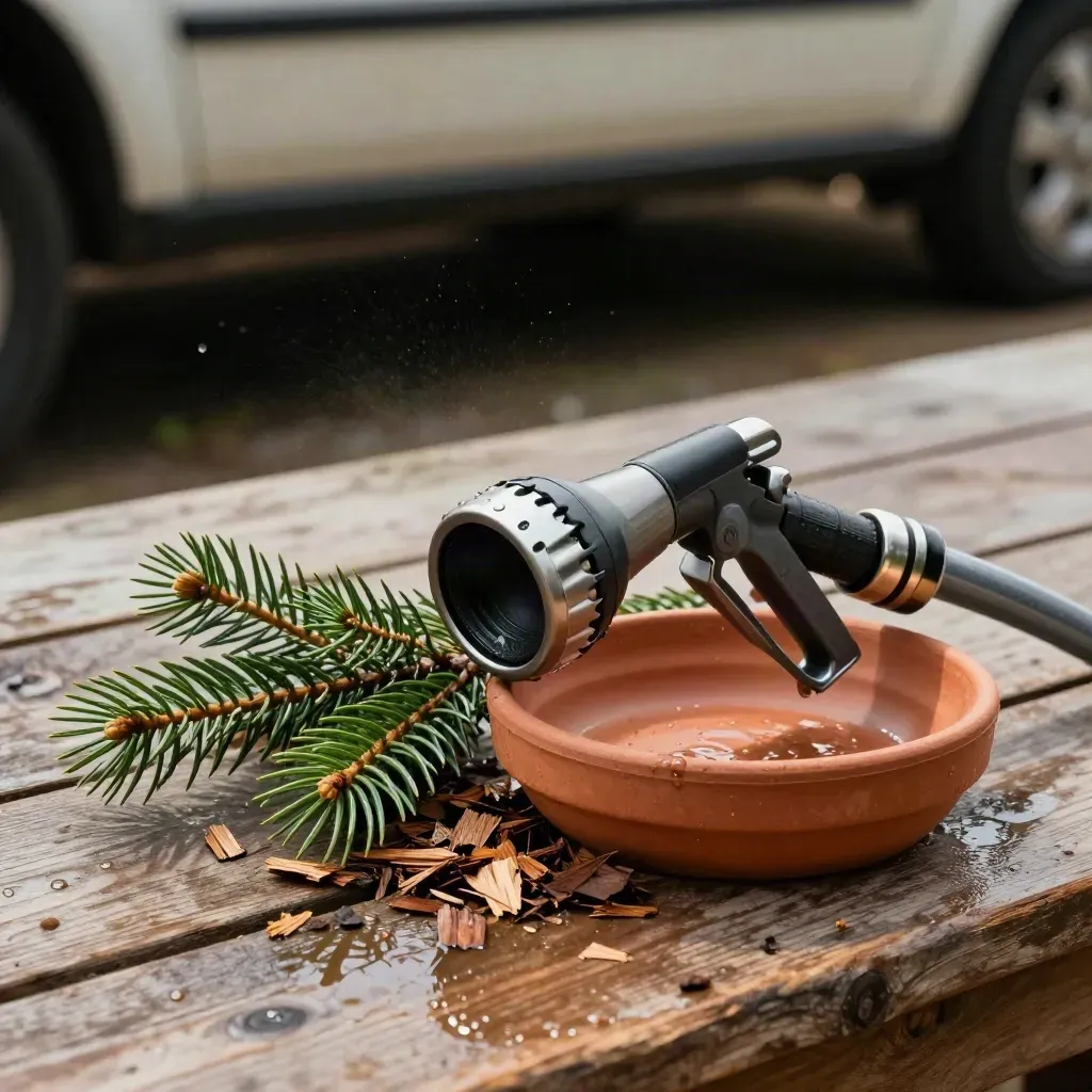 Dramatic still life of hose nozzle, terracotta saucer, cedar chips, and evergreen sprig