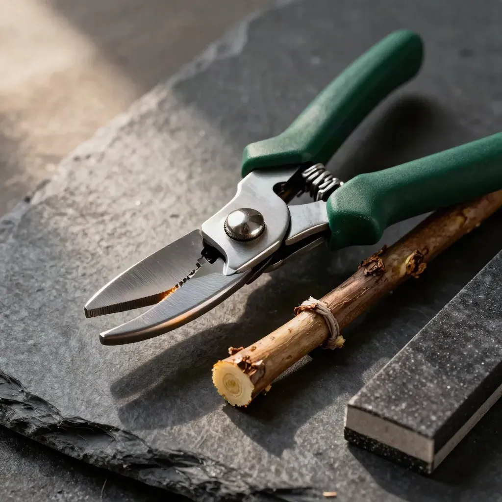Macro of pruning shears, lopper blade, cut stems and whetstone on slate.
