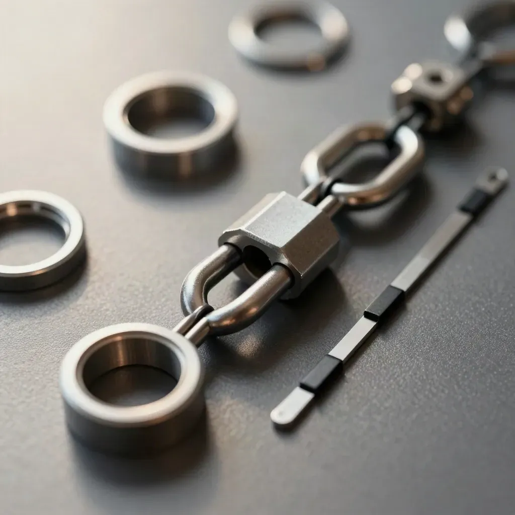 Macro still life of linked metal connectors on graphite, lit softly from upper left.