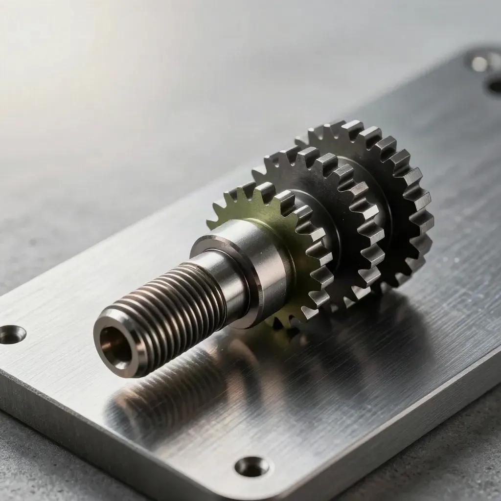 Brushed metal brackets, gear segments, and a threaded connector on a grey work surface.