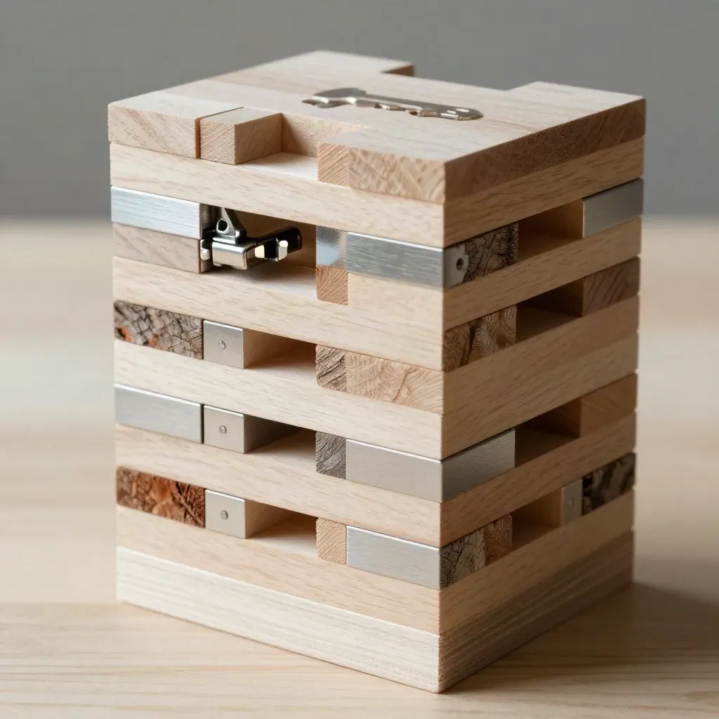 Modular blocks and a hinge assembly on pale wood in dramatic still life lighting.