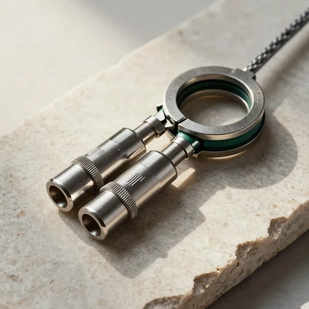 Top-down still life of polished metal connectors, cable, and clamp on pale stone with green accent.