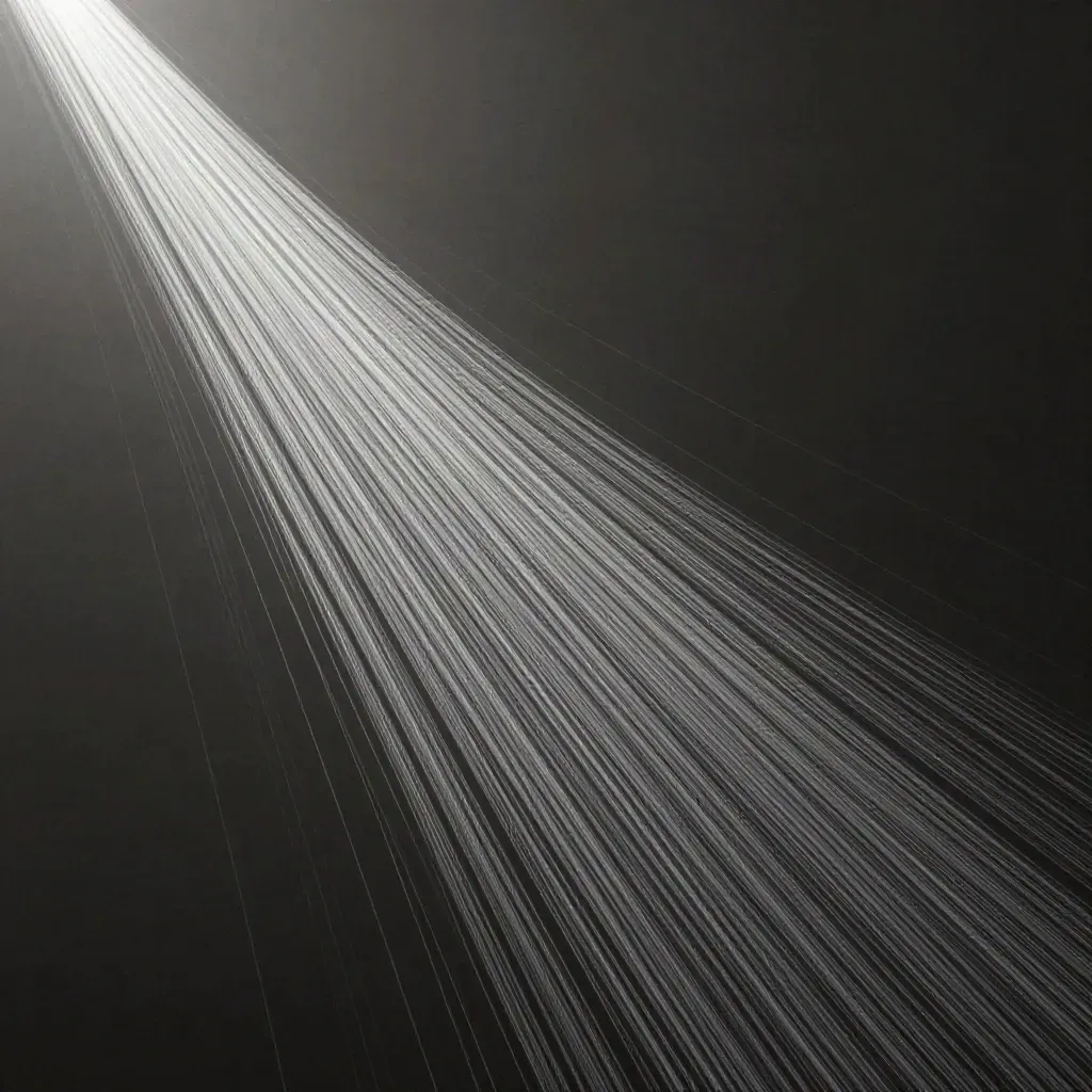 Abstract silver filaments converge into a soft white bloom in graphite haze, with open space below.